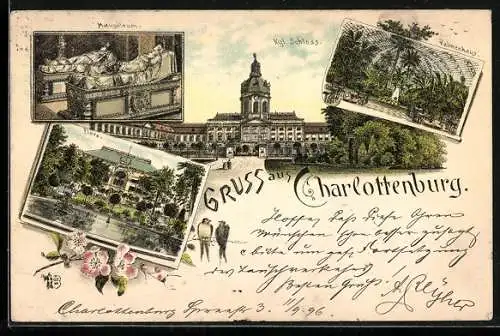 Lithographie Berlin-Charlottenburg, Flora, Mausoleum, Kgl. Schloss, Palmenhaus