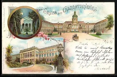 Lithographie Berlin-Charlottenburg, Köngiliches Schloss, Polytechnische Hochschule, Mausoleum I.