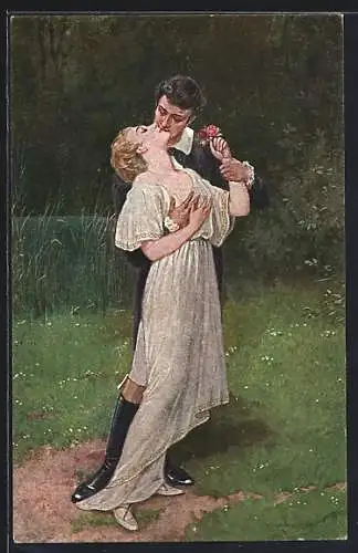 Künstler-AK R. Borrmeister: Junges Paar beim Kuss im Park, Seeliges Glück