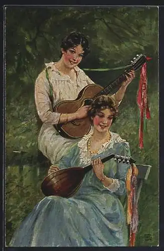 Künstler-AK R. Borrmeister: Zwei Frauen musizieren mit Gitarre und Laute