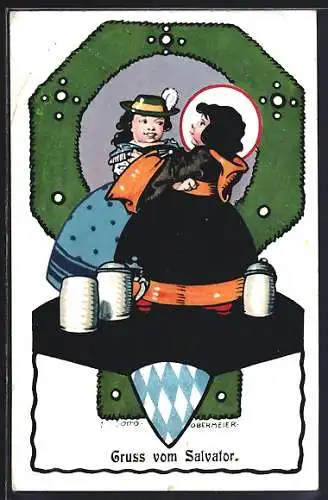 Künstler-AK Otto Obermeier: Münchner Kindl mit einer Frau beim Tanzen, Gruss vom Salvator