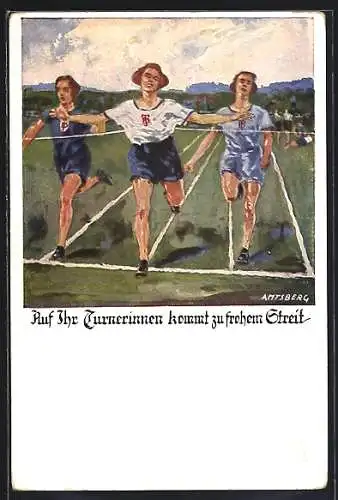 Künstler-AK Otto Amtsberg: Drei Sprinterinnen an der Ziellinie, Deutsche Turnerschaft