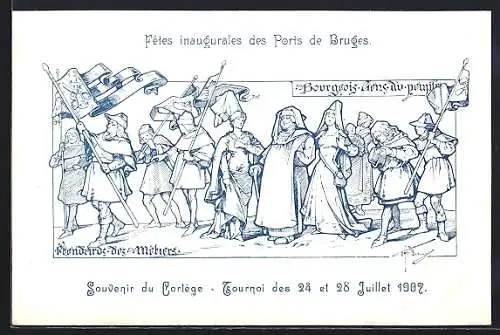 Künstler-AK Tournai, Fetes inaugurales des Ports de Bruges, Cortege des 24 et 28 Juillet 1907