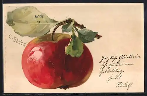Künstler-AK Catharina Klein: Apfel am Zweig in sattem Rot