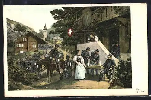 AK Schweizer Soldaten vor einem Wirtshaus
