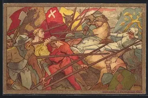 AK Schweizer Bundesfeier 1911, Schlachtszene, Ritter im aussichtslosen Kampf
