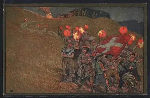 Künstler-AK Schweizer Bundesfeier 1912, Umzug mit Laternen
