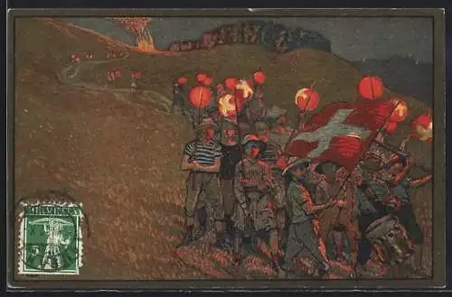 AK Schweizer Bundesfeier 1912, Rotes Kreuz, Lampion-Umzug