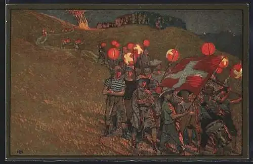 Künstler-AK Schweizer Bundesfeier 1912, Kinder mit Laternen und schweizer Fahnen