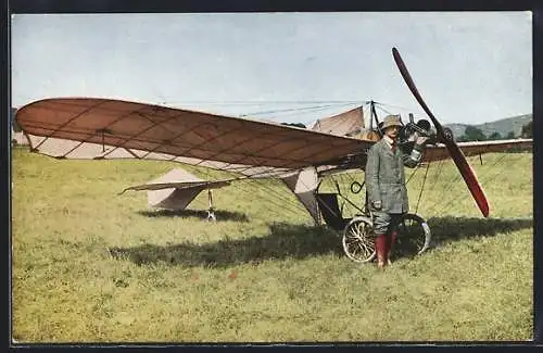 AK Nölle auf Grade-Eindecker, Portraitfoto mit dem legendären Eindecker von Hans Grade