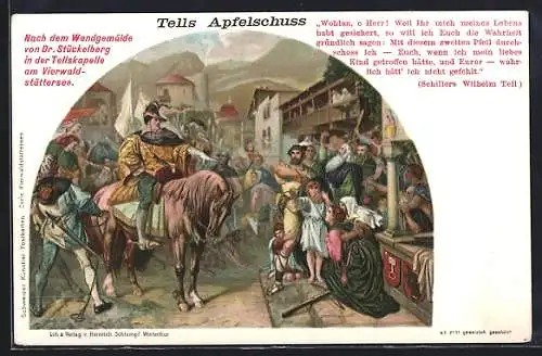 AK Wilhelm Tell, Tells Apfelschuss, nach dem Wandgemälde von Dr. Stückelberg, Tell schützt Frauen und Kinder