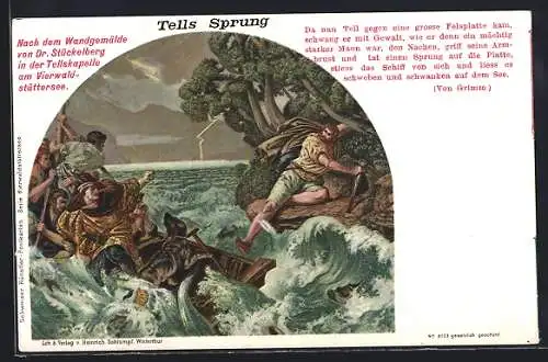 AK Gemälde Tell's Sprung in der Tellskapelle am Vierwaldstättersee