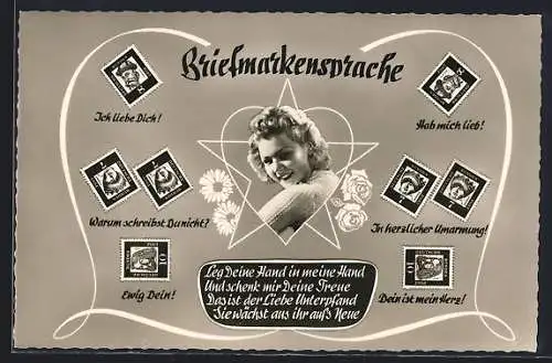 AK Briefmarkensprache mit lachender Frau
