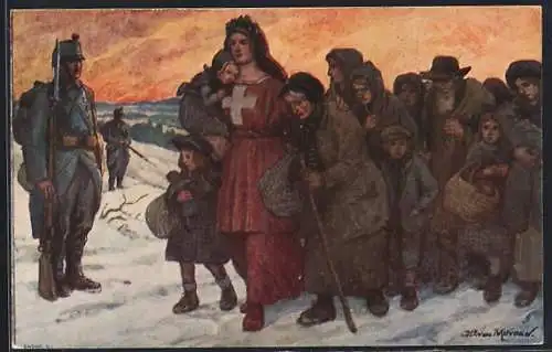 AK Schweizer Bundesfeier 1915, Helvetia mit einer Flüchtlingsgruppe im Schnee