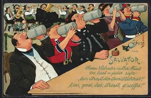 AK Beim Salvator voller Freud da tut a jeder sufa..., Brauerei-Werbung