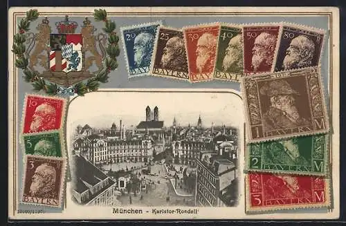 AK München, Karlstor-Rondell, Briefmarken und Wappen