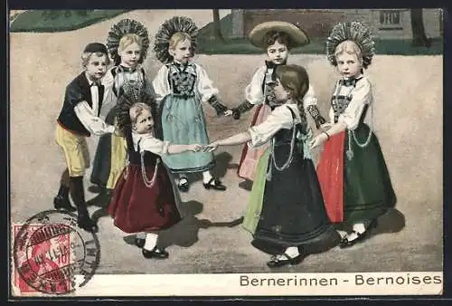 Lithographie Bernerinnen beim Tanzen in Tracht, Bernoises