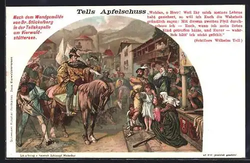 AK Wilhelm Tell, Tells Apfelschuss, nach dem Wandgemälde von Dr. Stückelberg, Tell schützt Frauen und Kinder