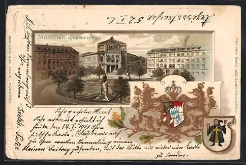 Passepartout-Lithographie München, Gärtnerplatz, Wappen, Münchner Kindl