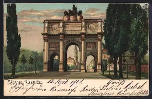 Lithographie München, Blick auf das Siegesthor