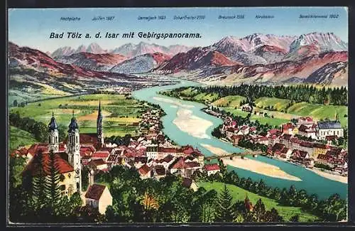 AK Bad Tölz, Totalansicht mit Gebirgspanorama und Blick auf die Isar