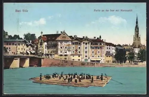 AK Bad Tölz, Partie an der Isar mit Marienstift, Flösser