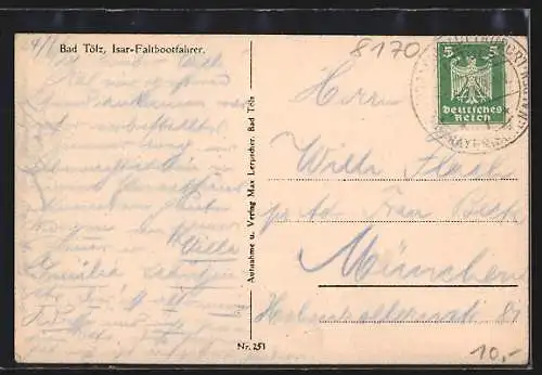 AK Bad Tölz, Isar-Faltbootfahrer am Ufer