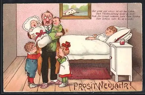 AK Mutter im Bett liegend, während sich der Vater um die Kinder kümmert