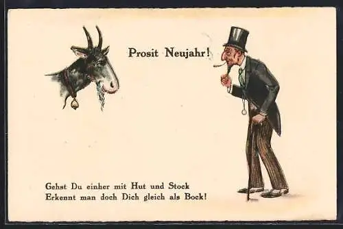AK Mann mit Ziegenbart gegenüber einer Ziege, Neujahrskarte