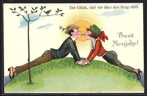 AK Liebespaar küsst sich auf einer Hügelkuppe, Neujahrskarte
