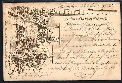 AK Mann giesst Wasser aus einem Haus auf ein turtelndes Pärchen