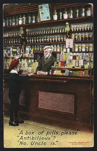 AK Junge kauft Pillen in der Apotheke, Wortspiel