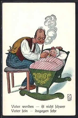 AK Vater mit Tabakpfeife bei Baby an der Wiege, Emanzipation, Scherz