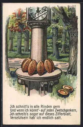 Lithographie Versetzt, Ich schnitt`s in alle Rinden gern...., Scherz