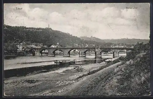 AK Trier, Flusspartie mit Brücke und Booten