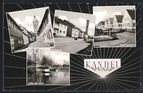 AK Kandel /Pfalz, Turmstrasse, Kirchpartie, Schwanenweiher