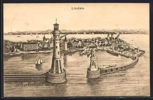 AK Lindau, Hafenansicht mit Leuchtturm und Löwe