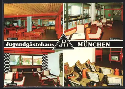 AK München-Thalkirchen, Hotel Jugendgästehaus, Miesingstrasse 4, Fernsehraum, Speisesaal, Clubraum