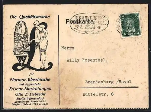 AK Berlin-Wilmersdorf, OEL, Geschäft für Marmorwaschtische und hygienische Friseur-Einrichtungen, Inh. Otto E. Liebrecht