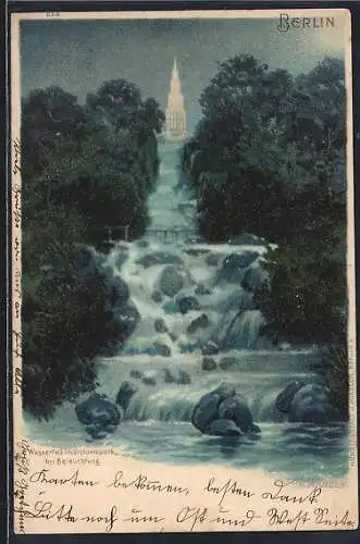 Künstler-AK Berlin-Kreuzberg, Wassersturz im Victoriapark bei Beleuchtung
