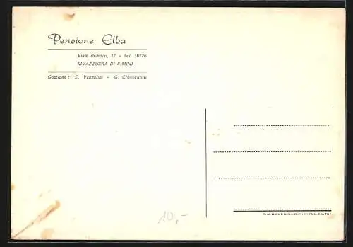 Künstler-AK Rivazzurra di Rimini, Pensione Elba, Viale Brindisi 17, Gestione E. Vanzolini, G. Crescentini