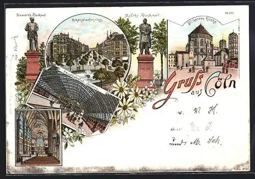 Lithographie Köln, Bismarck-Denkmal, Hohenstaufenring, Innenansicht des Hauptbahnhofs