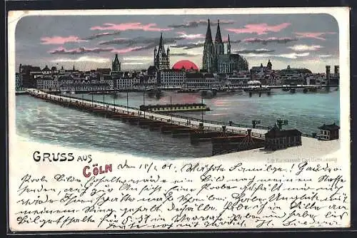 Lithographie Köln, Panorama vom Wasser aus