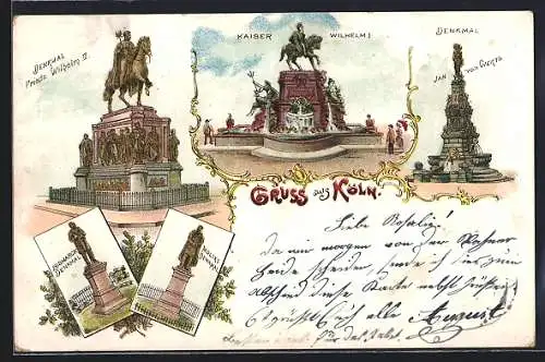 Lithographie Köln, Kaiser Wilhelm I., Moltke-Denkmal, Bismarck-Denkmal