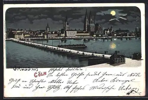 Lithographie Köln, Totalansicht der Stadt, Dampfer