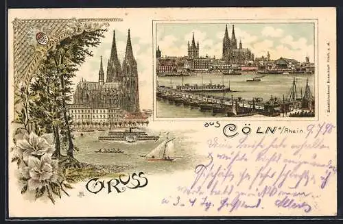 Lithographie Köln a. Rhein, Dom mit Dampfer, Uferpartie mit Booten
