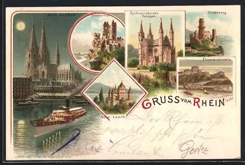 Lithographie Köln, Totalansicht, Abtei Laach und Godesberg