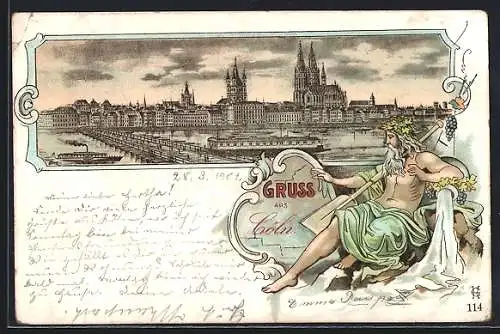 Lithographie Köln, Rheinbrücke und Dom