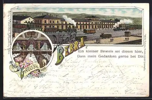 Lithographie Bebra, Bahnhof mit Bahnhofsanlagen, Restaurant Bebra