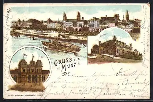 Lithographie Mainz, Ortsansicht, Bahnhof, Stadthalle
